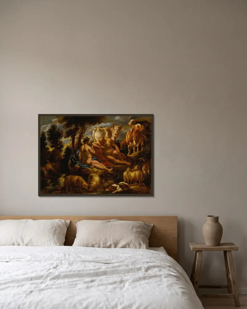 Mercurius spelar Argus till sömns med sin flöjt, med Io förvandlad till en vit kviga av Jacob Jordaens inramad på en vägg