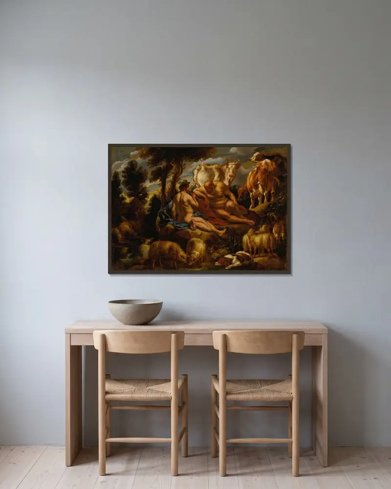 Mercurius spelar Argus till sömns med sin flöjt, med Io förvandlad till en vit kviga av Jacob Jordaens inramad på en vägg