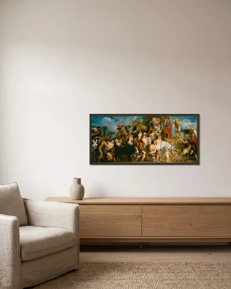 Mose slår vatten ur klippan av Jacob Jordaens inramad på en vägg