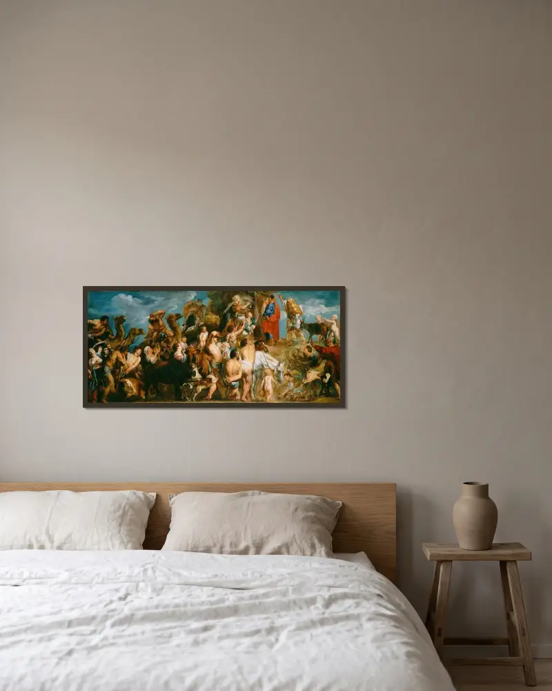 Mose slår vatten ur klippan av Jacob Jordaens inramad på en vägg