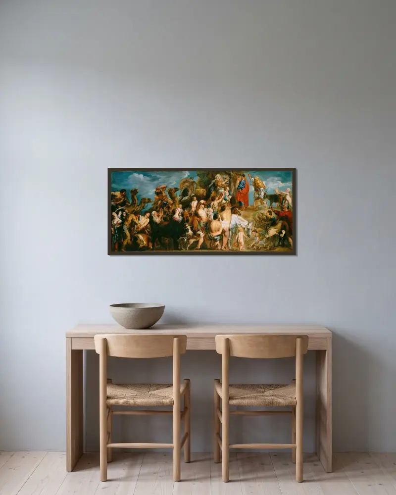 Mose slår vatten ur klippan av Jacob Jordaens inramad på en vägg