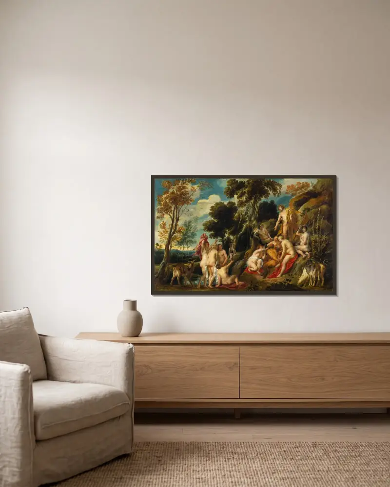Nymfer som skär av Pans skägg av Jacob Jordaens inramad på en vägg