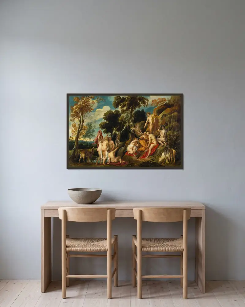 Nymfer som skär av Pans skägg av Jacob Jordaens inramad på en vägg
