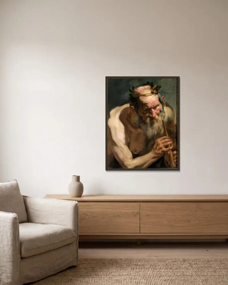 Gammal satyr med flöjt av Jacob Jordaens inramad på en vägg