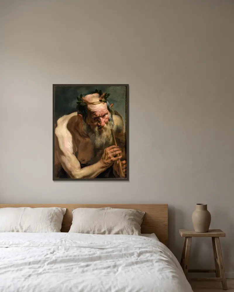 Gammal satyr med flöjt av Jacob Jordaens inramad på en vägg