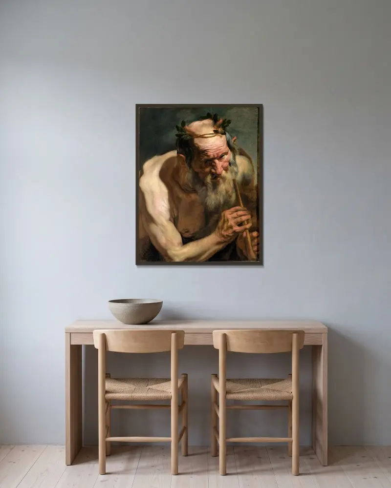 Gammal satyr med flöjt av Jacob Jordaens inramad på en vägg