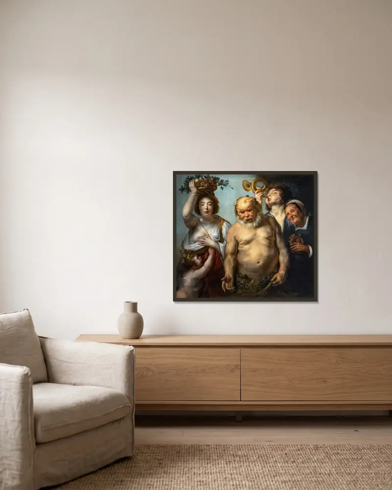 Silenus och de fyra årstiderna av Jacob Jordaens inramad på en vägg