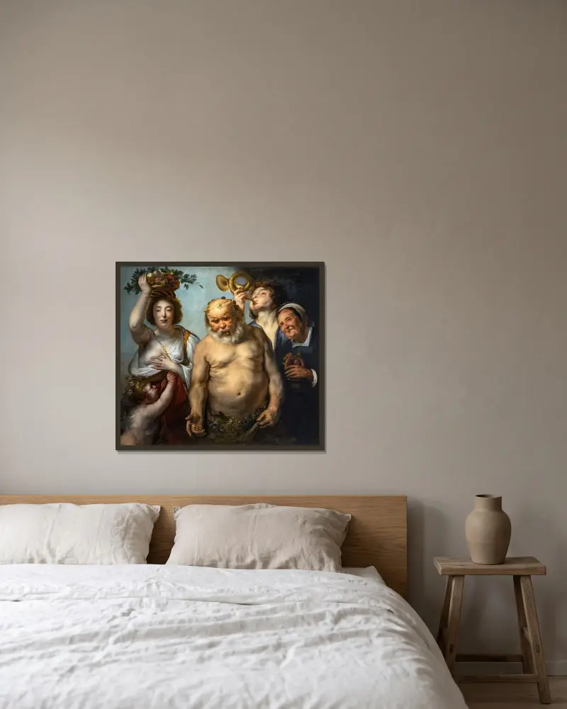 Silenus och de fyra årstiderna av Jacob Jordaens inramad på en vägg