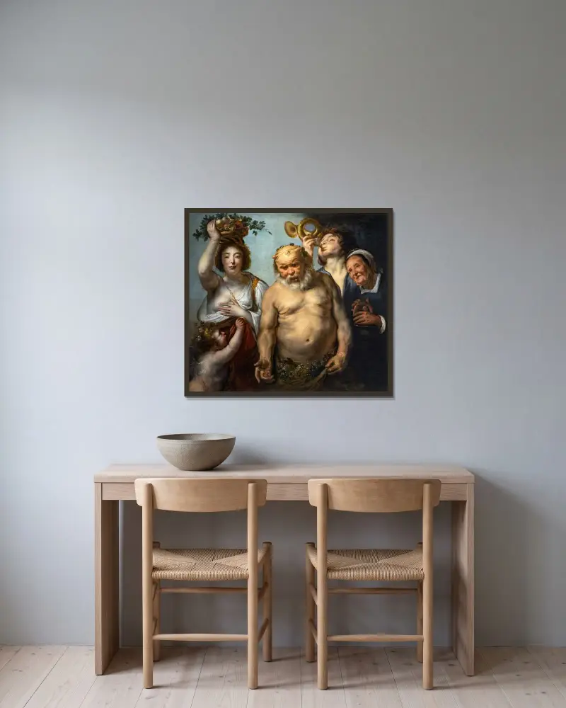 Silenus och de fyra årstiderna av Jacob Jordaens inramad på en vägg