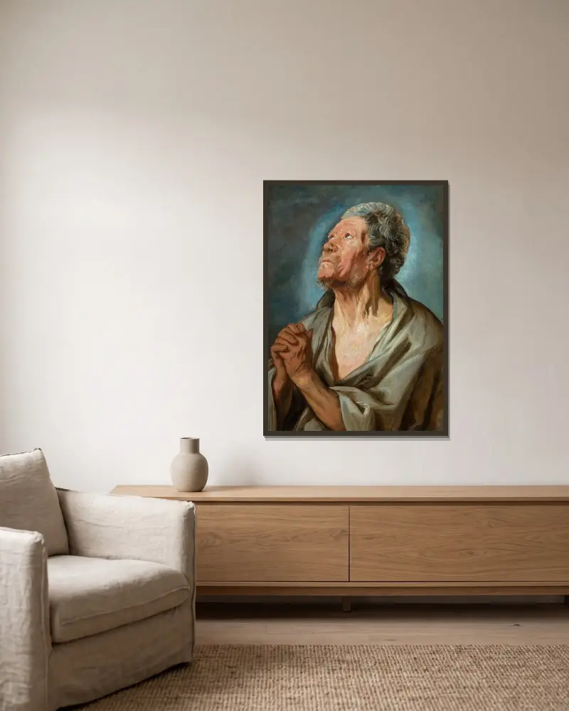 Studie av en gammal man med knäppta händer av Jacob Jordaens inramad på en vägg
