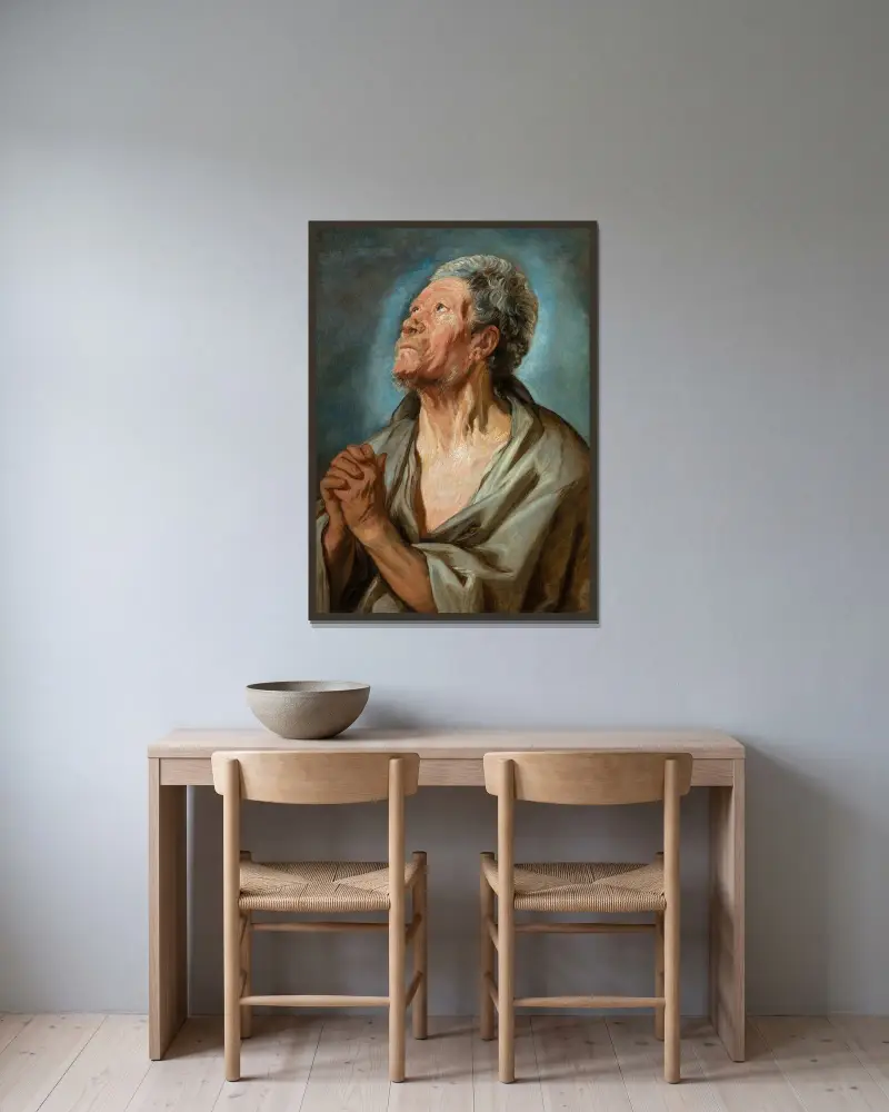 Studie av en gammal man med knäppta händer av Jacob Jordaens inramad på en vägg