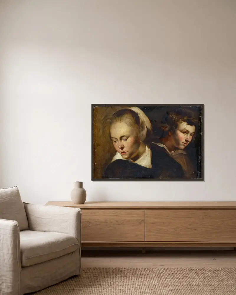Studie av huvuden av Jacob Jordaens inramad på en vägg