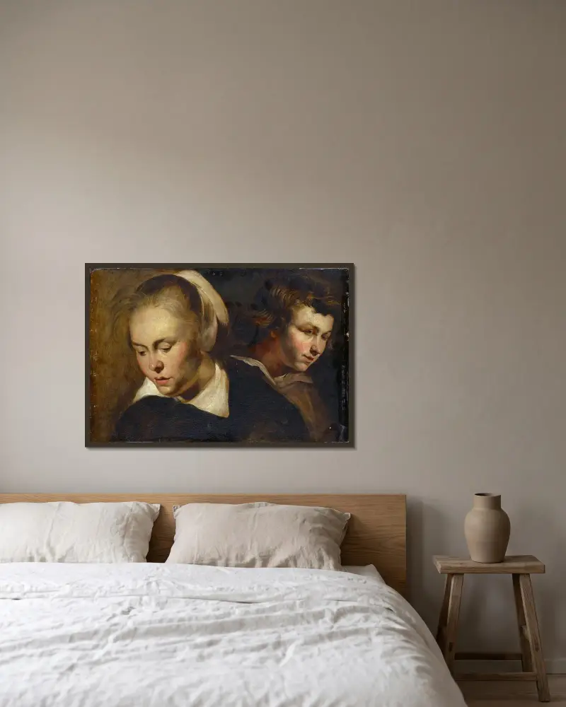 Studie av huvuden av Jacob Jordaens inramad på en vägg
