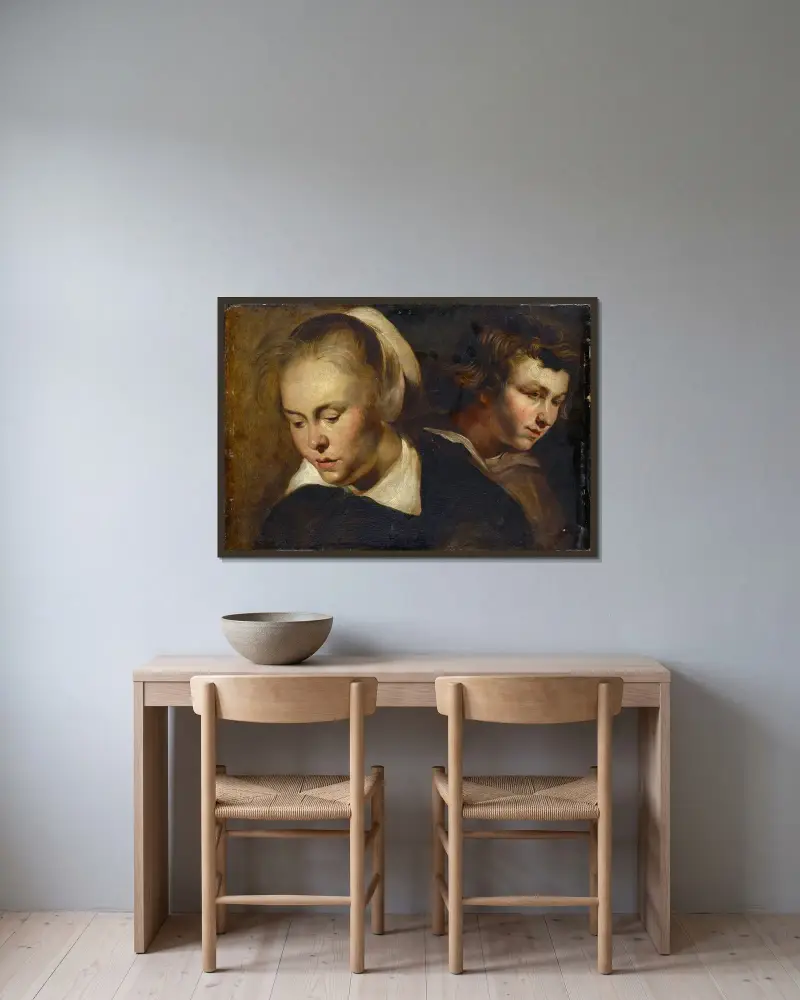 Studie av huvuden av Jacob Jordaens inramad på en vägg