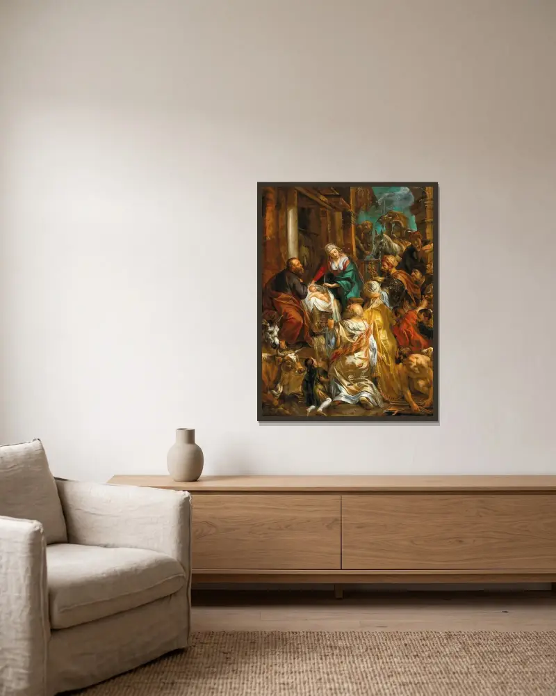 The Adoration of the Magi av Jacob Jordaens inramad på en vägg
