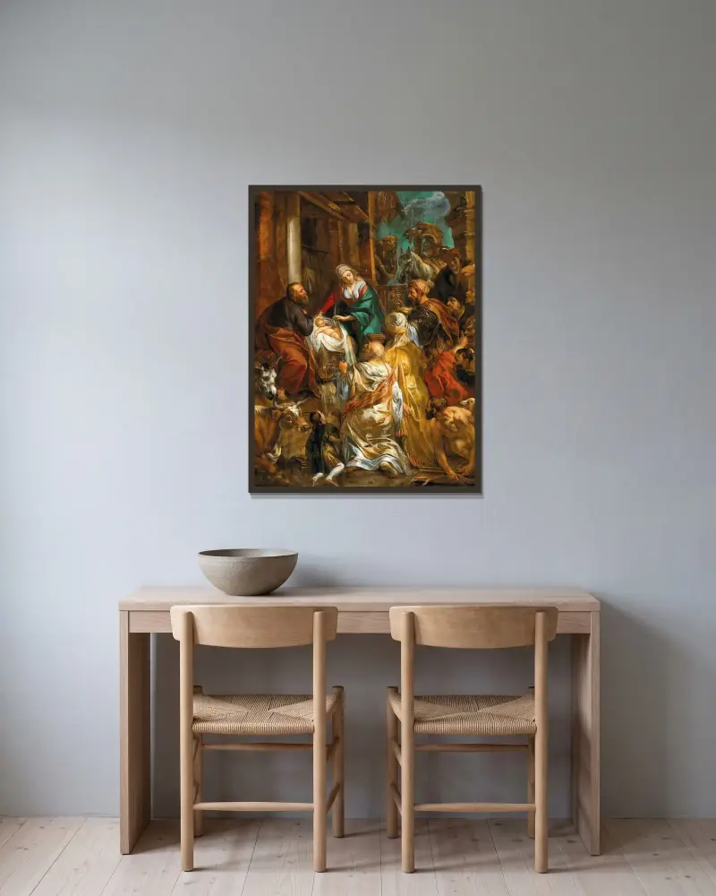 The Adoration of the Magi av Jacob Jordaens inramad på en vägg