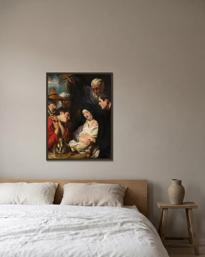 The Adoration of the Shepherds, 1617 av Jacob Jordaens inramad på en vägg