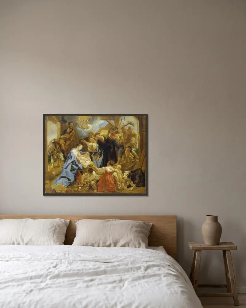Herdarnas tillbedjan av Jacob Jordaens inramad på en vägg
