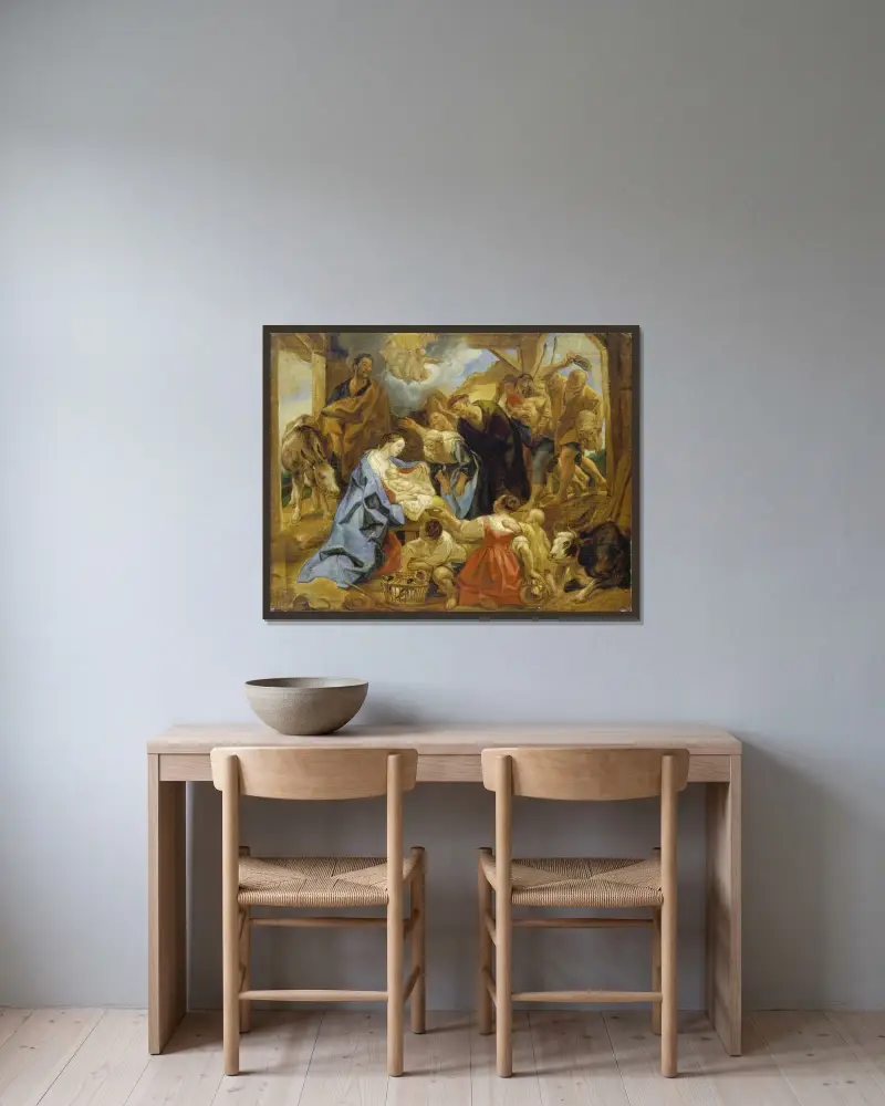 Herdarnas tillbedjan av Jacob Jordaens inramad på en vägg