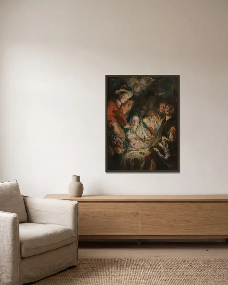 The Adoration of the Shepherds, 1616 av Jacob Jordaens inramad på en vägg