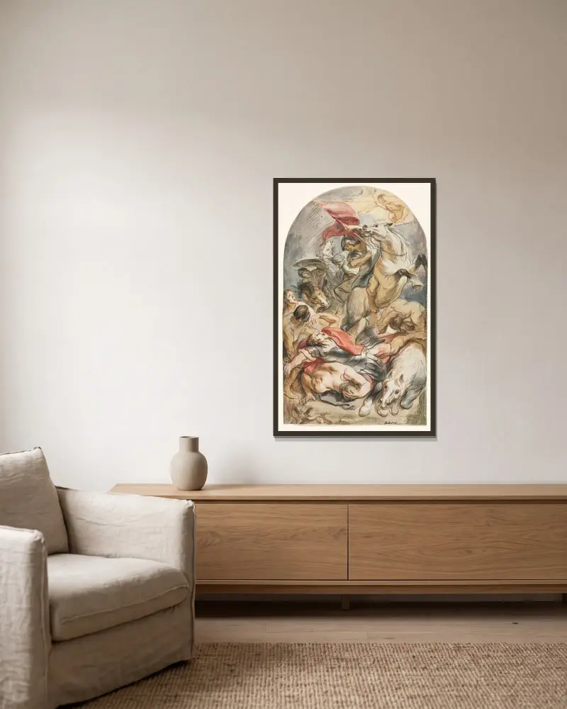 Sauls omvändelse med ryttare och fana av Jacob Jordaens inramad på en vägg