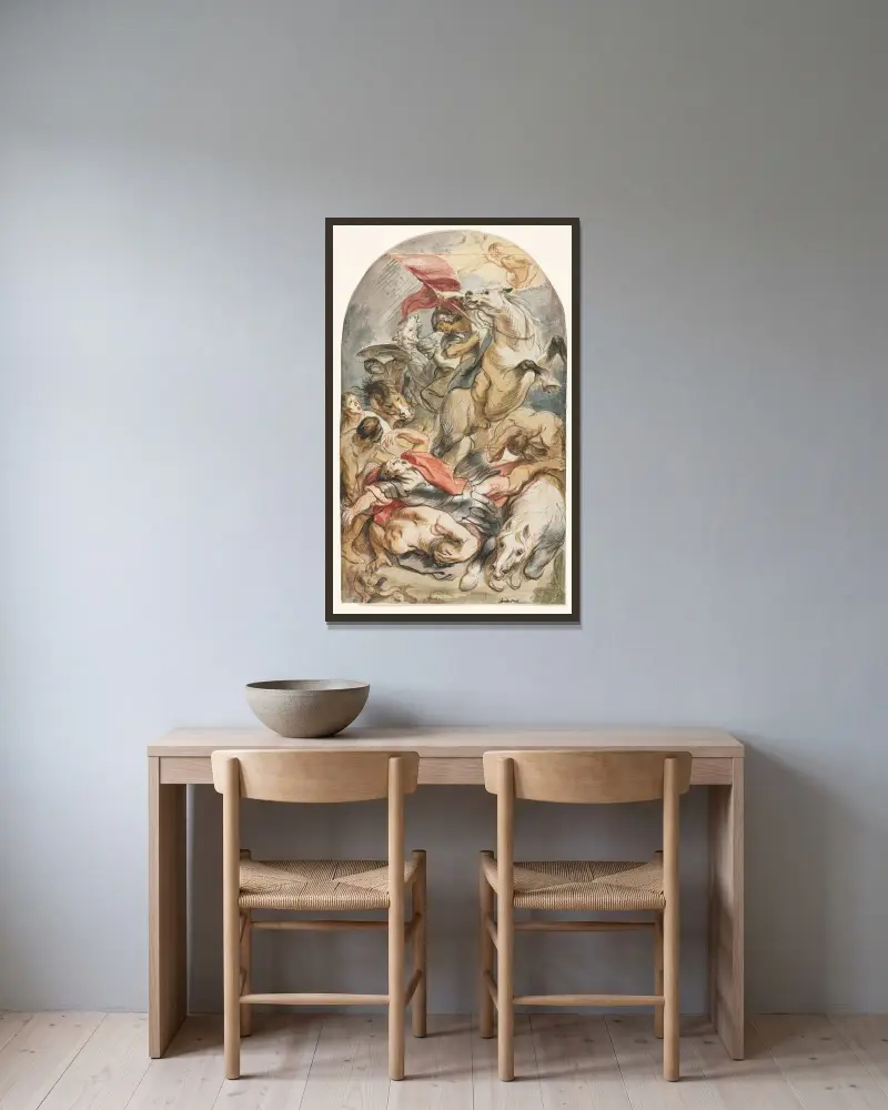 Sauls omvändelse med ryttare och fana av Jacob Jordaens inramad på en vägg