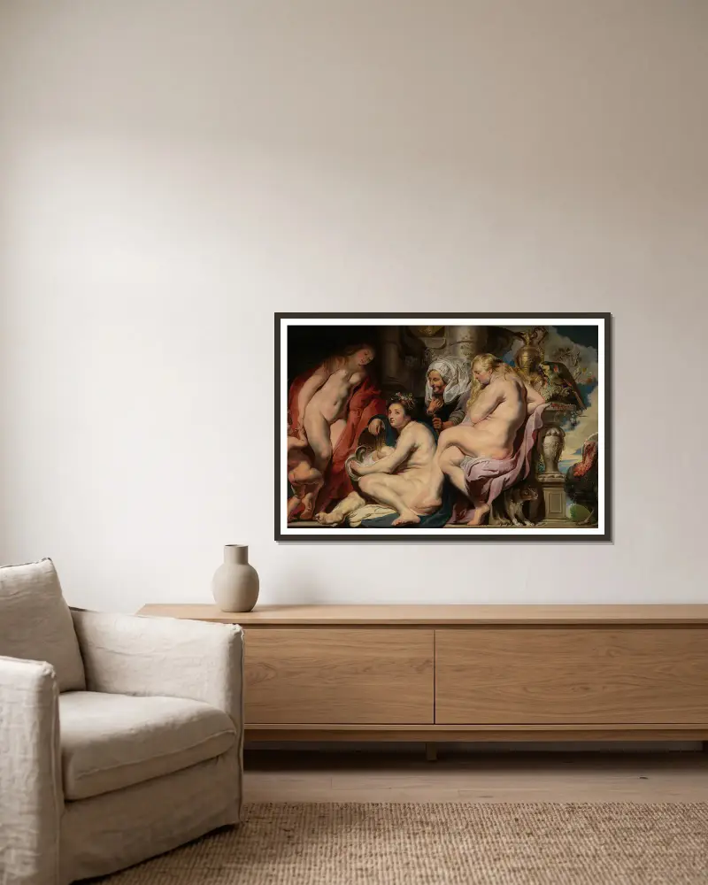 The Daughters of Cecrops Finding the Child Erichthonius av Jacob Jordaens inramad på en vägg