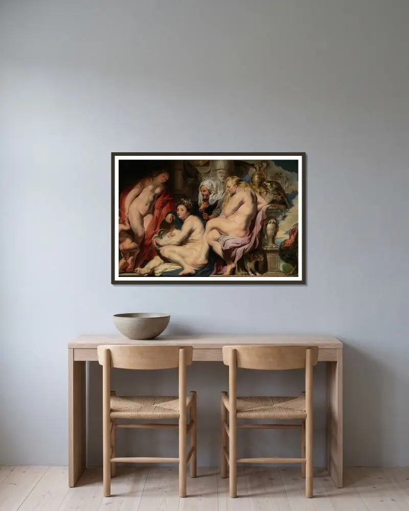 The Daughters of Cecrops Finding the Child Erichthonius av Jacob Jordaens inramad på en vägg