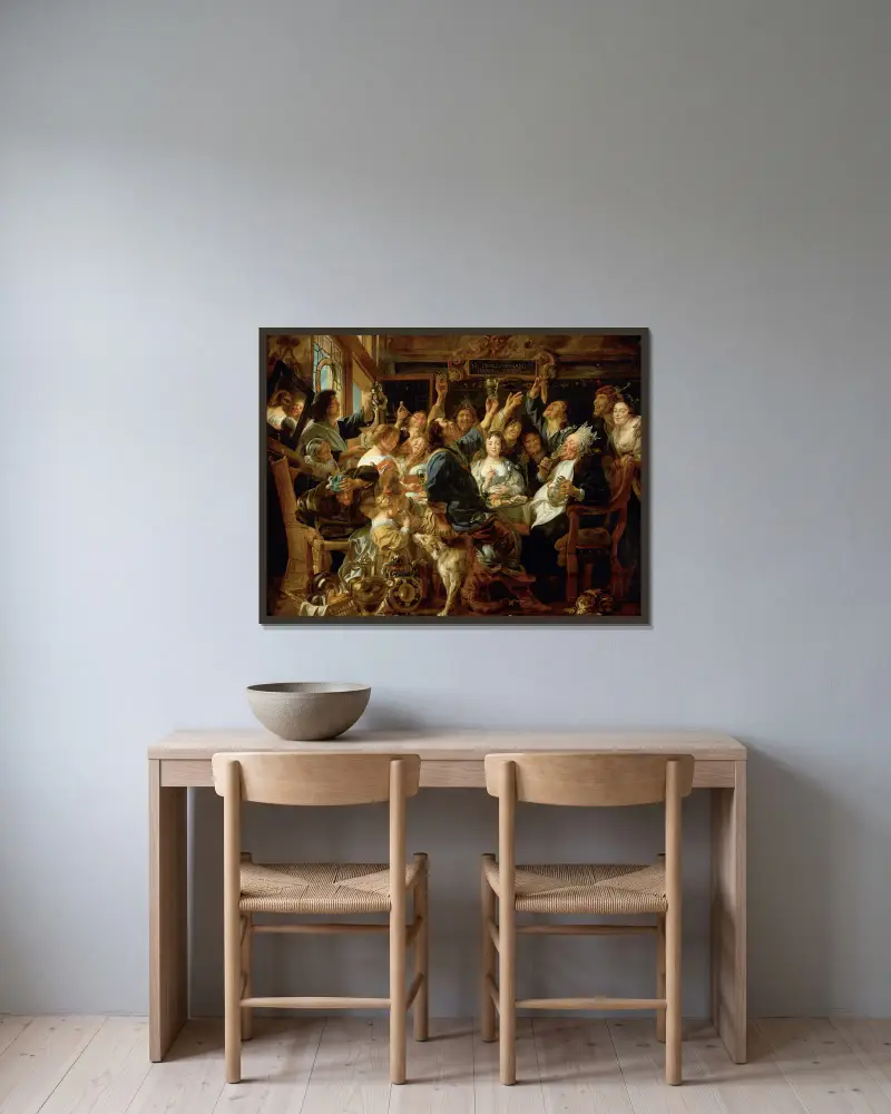 Das Bohnenfest von Jacob Jordaens gerahmt an einer Wand
