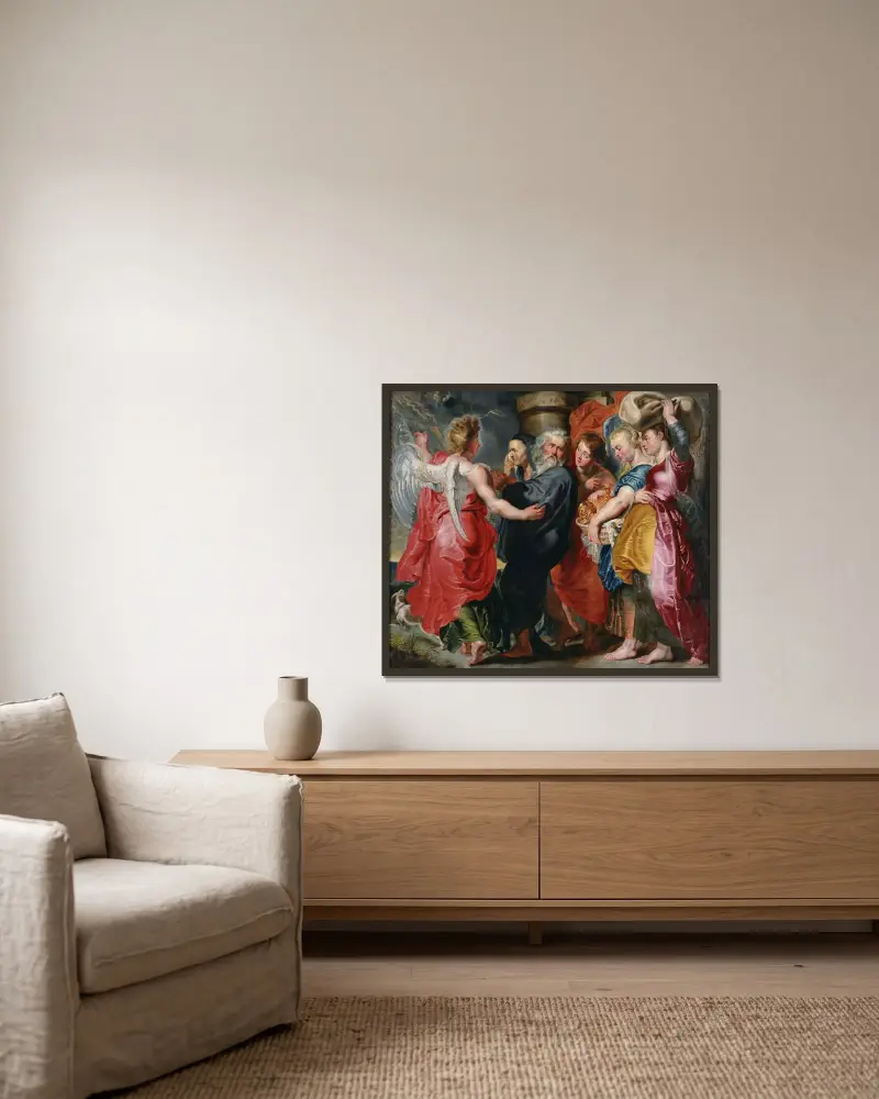 Lots flykt med sin familj från Sodom av Jacob Jordaens inramad på en vägg