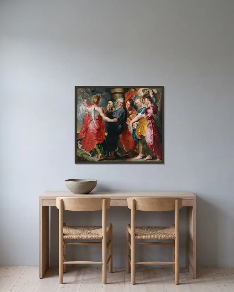 Lots flykt med sin familj från Sodom av Jacob Jordaens inramad på en vägg