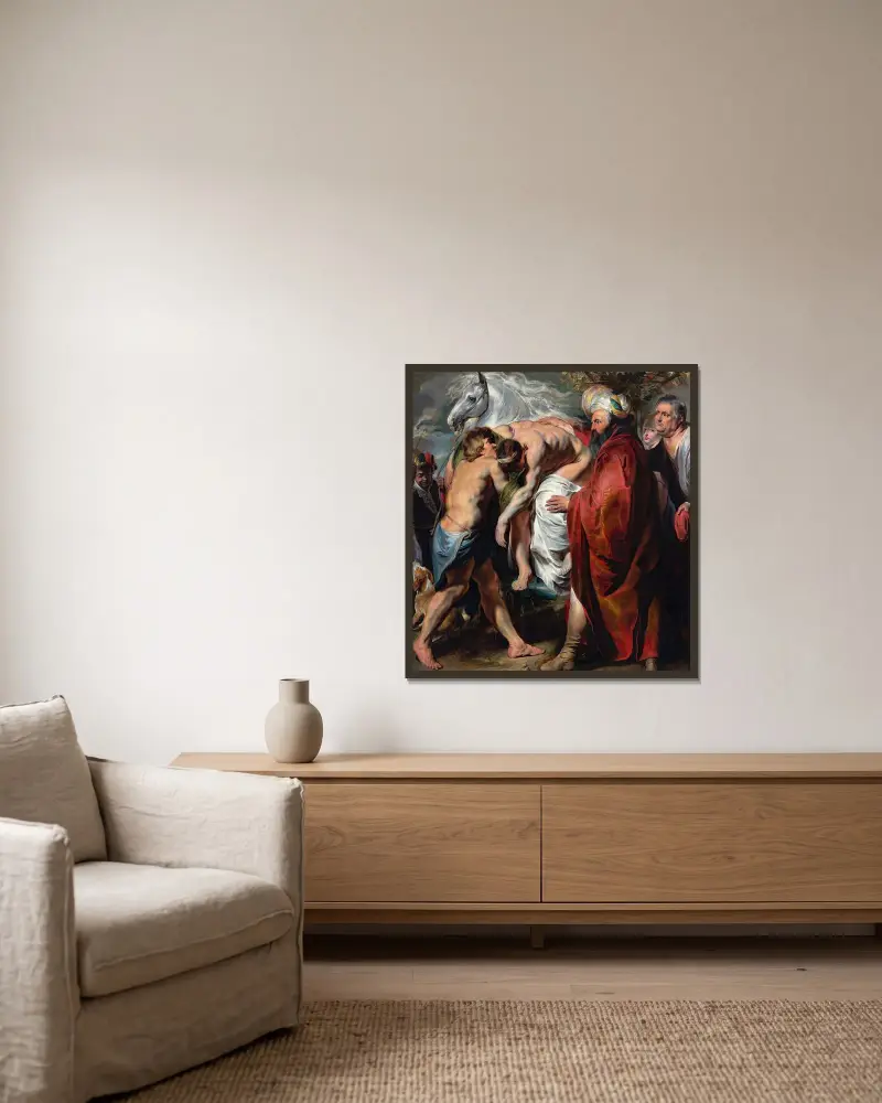 Den barmhärtige samariten av Jacob Jordaens inramad på en vägg