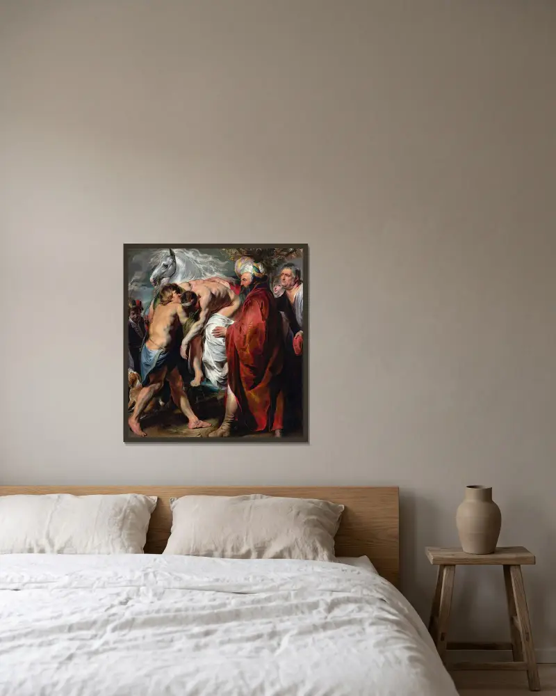 Den barmhärtige samariten av Jacob Jordaens inramad på en vägg