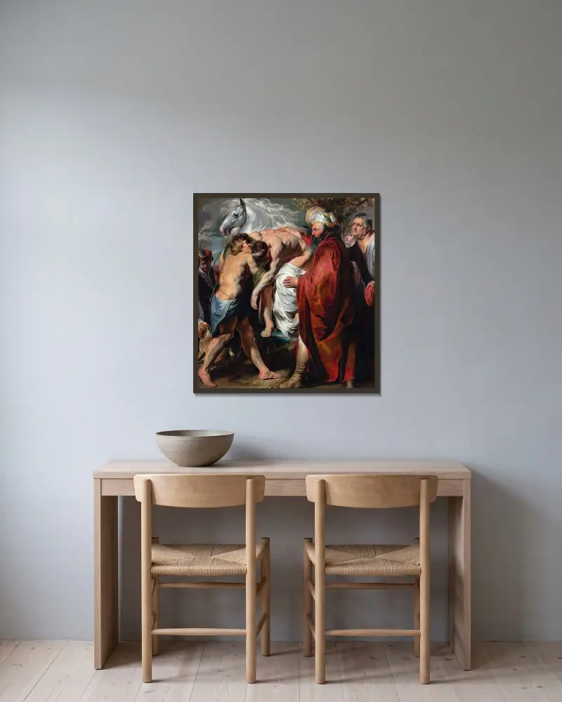 Den barmhärtige samariten av Jacob Jordaens inramad på en vägg