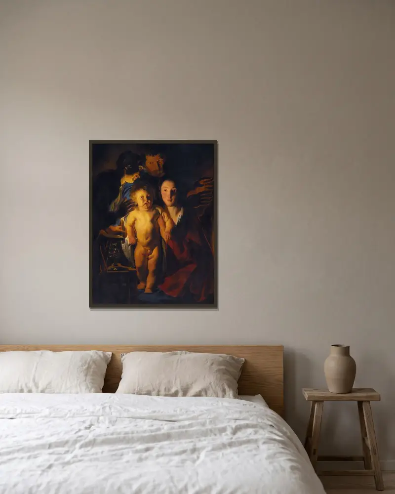 Den heliga familjen vid levande ljus av Jacob Jordaens inramad på en vägg