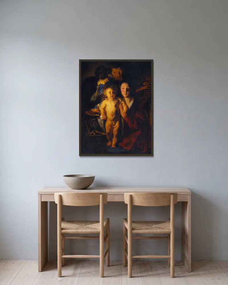 Den heliga familjen vid levande ljus av Jacob Jordaens inramad på en vägg