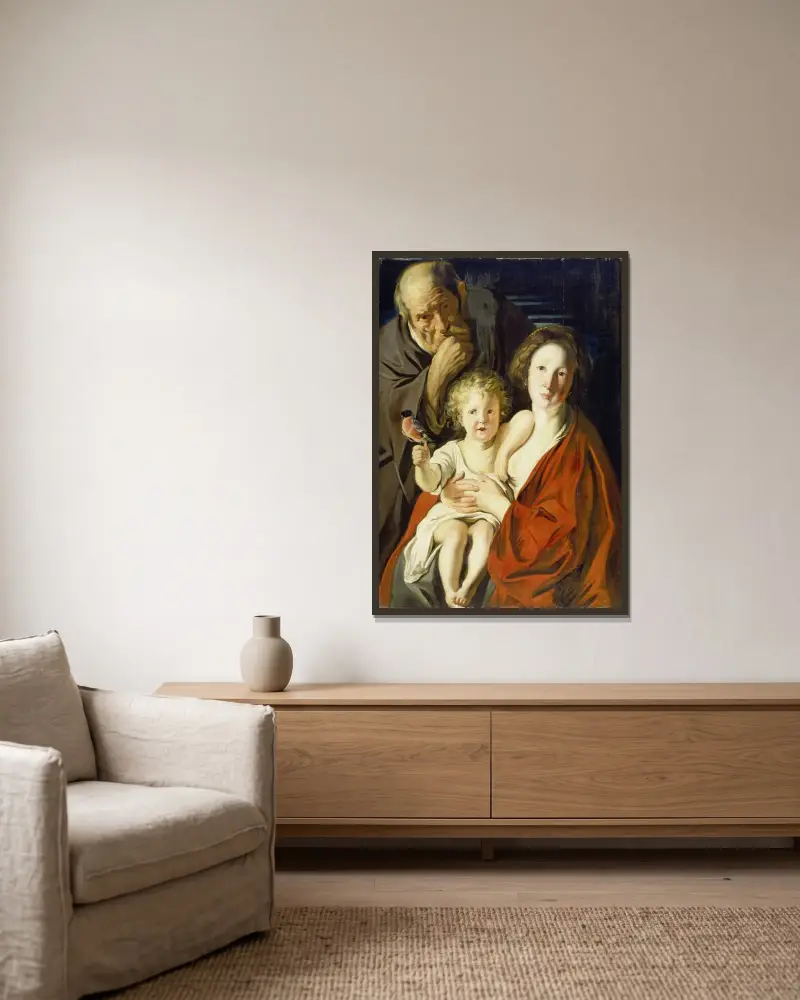 Den heliga familjen av Jacob Jordaens inramad på en vägg