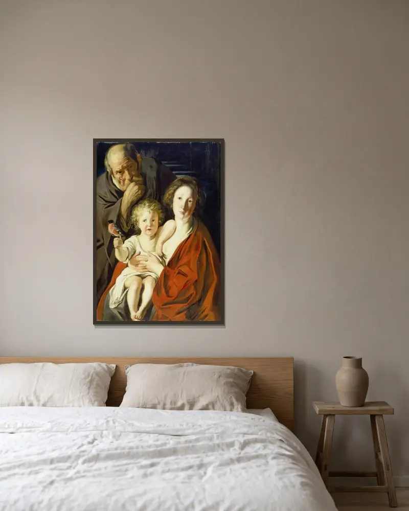 Den heliga familjen av Jacob Jordaens inramad på en vägg