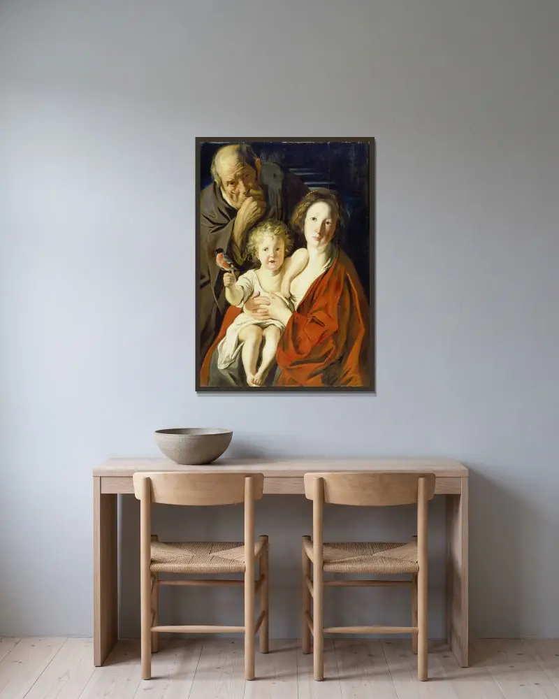 Den heliga familjen av Jacob Jordaens inramad på en vägg