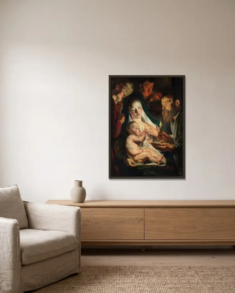 Den heliga familjen med herdar av Jacob Jordaens inramad på en vägg