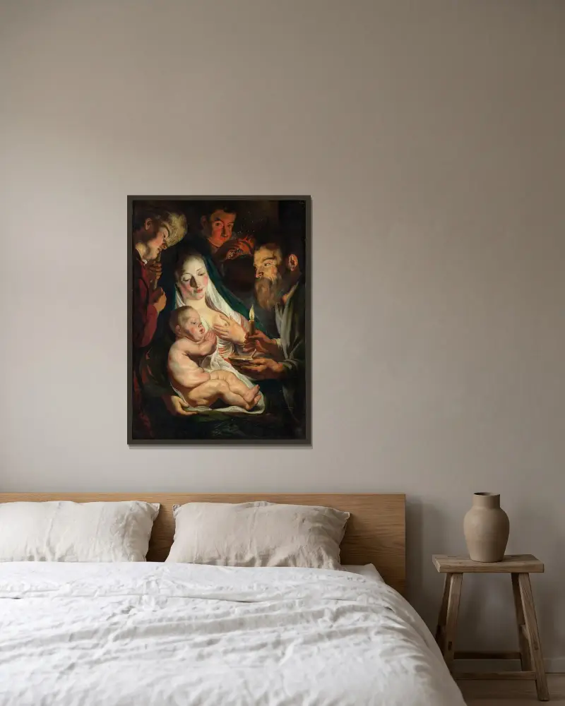 Den heliga familjen med herdar av Jacob Jordaens inramad på en vägg