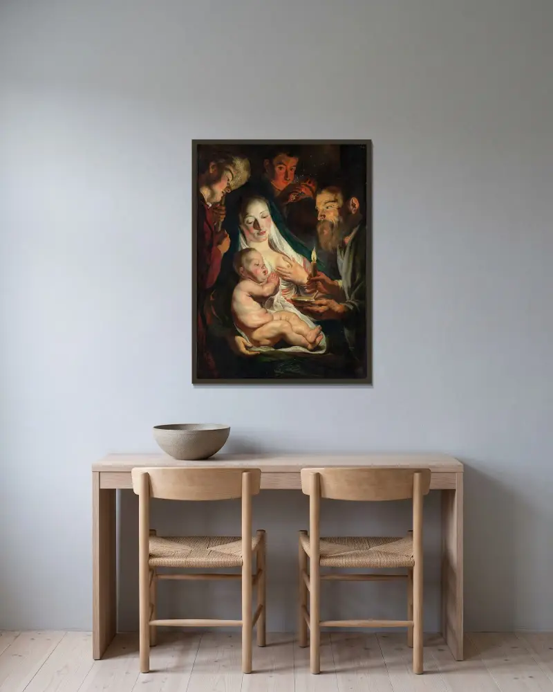 Den heliga familjen med herdar av Jacob Jordaens inramad på en vägg