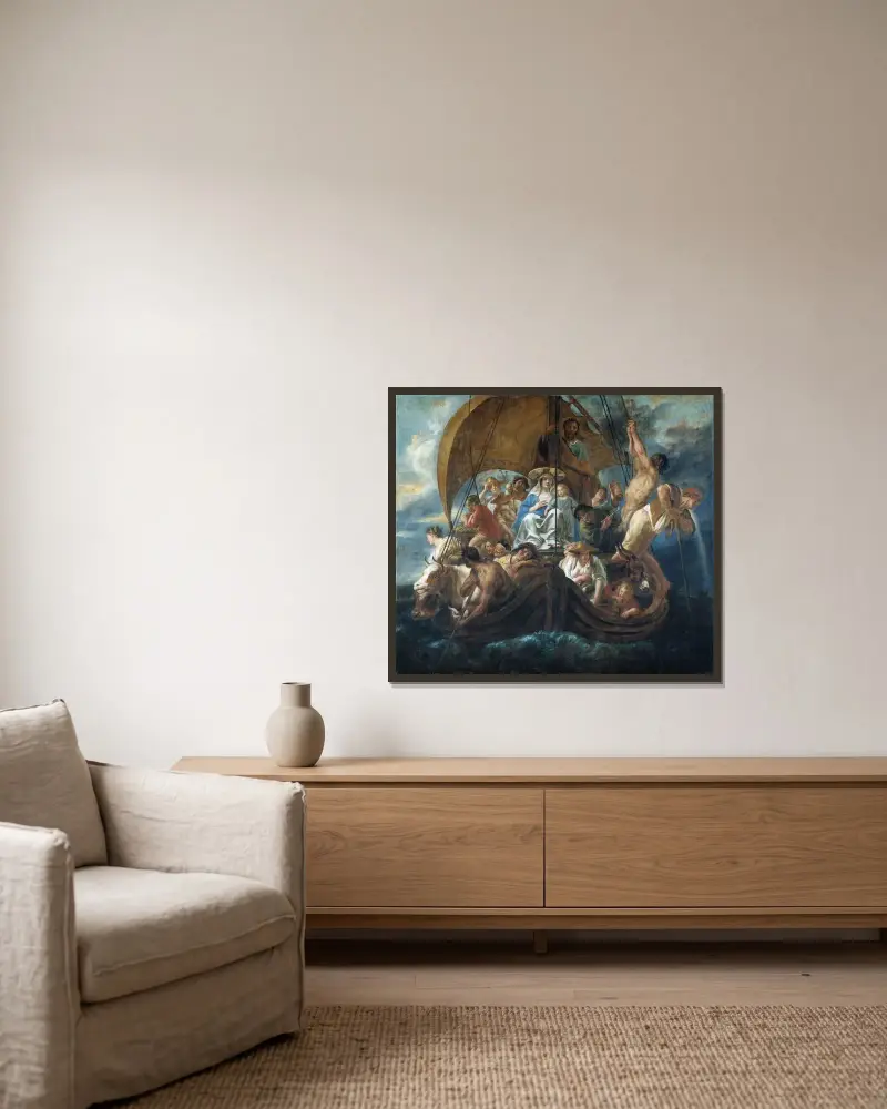 Den heliga familjen med olika personer och djur i en båt av Jacob Jordaens inramad på en vägg