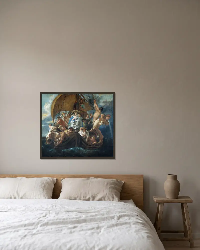 Den heliga familjen med olika personer och djur i en båt av Jacob Jordaens inramad på en vägg