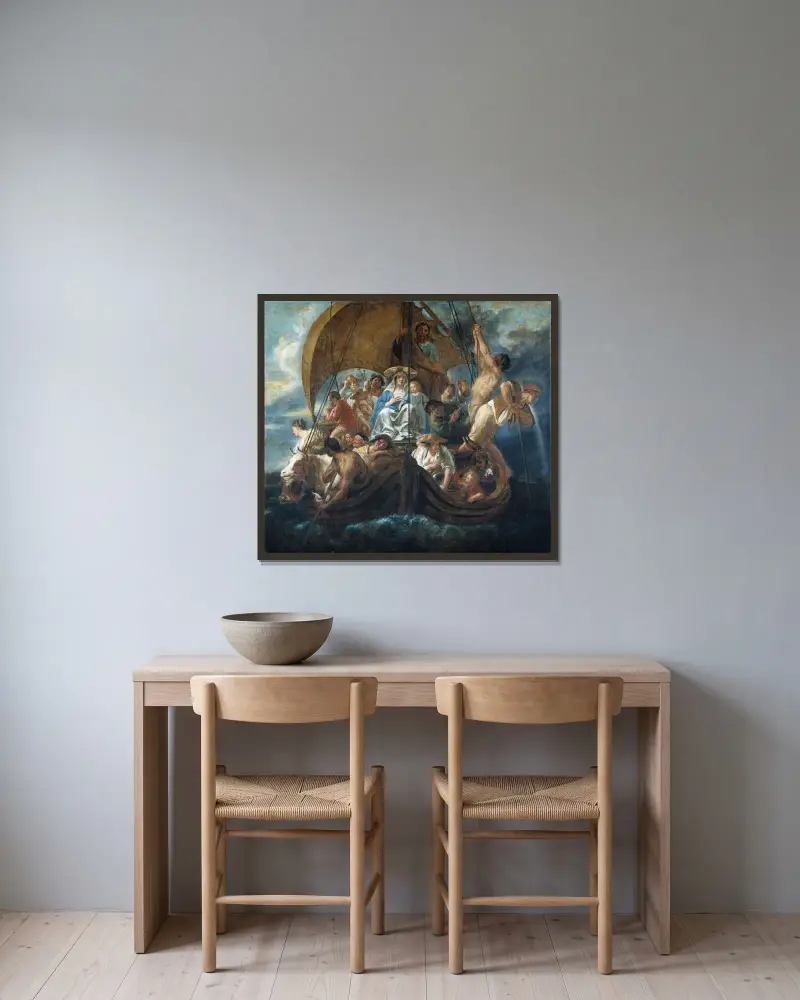 Den heliga familjen med olika personer och djur i en båt av Jacob Jordaens inramad på en vägg