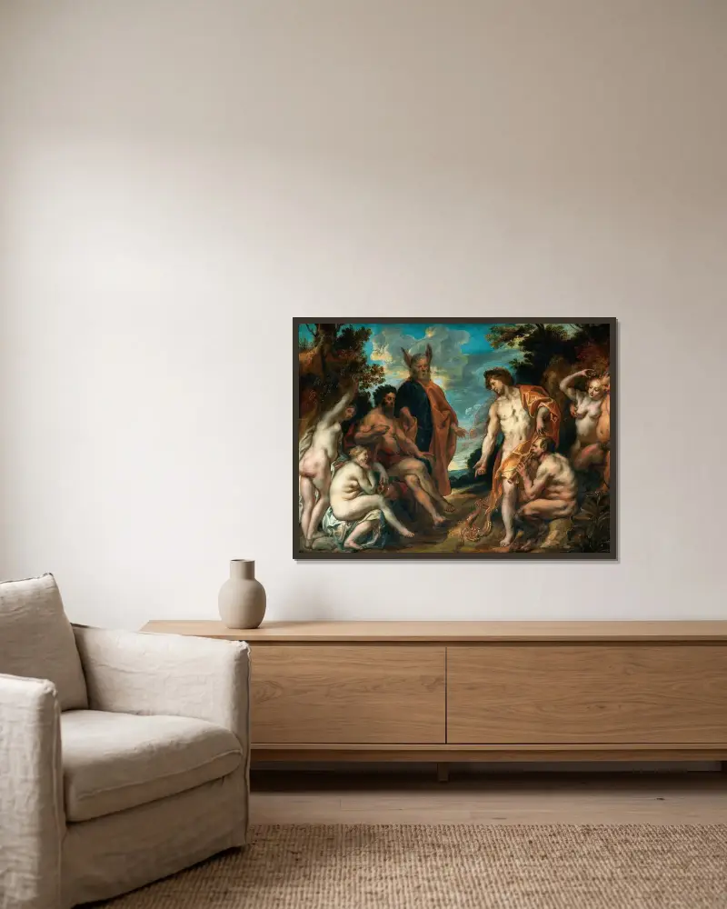 Der musikalische Wettstreit zwischen Apollo und Pan von Jacob Jordaens gerahmt an einer Wand
