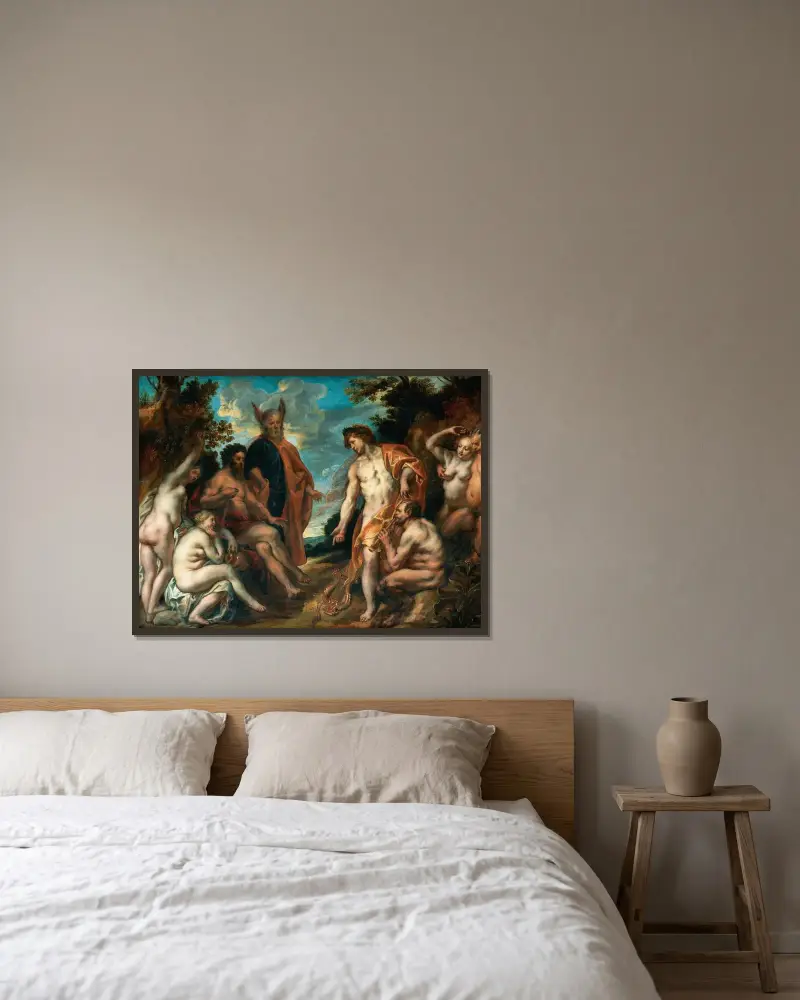 Der musikalische Wettstreit zwischen Apollo und Pan von Jacob Jordaens gerahmt an einer Wand