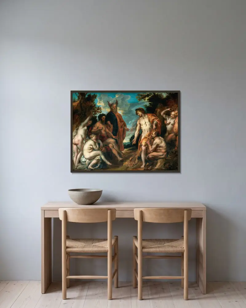 Der musikalische Wettstreit zwischen Apollo und Pan von Jacob Jordaens gerahmt an einer Wand