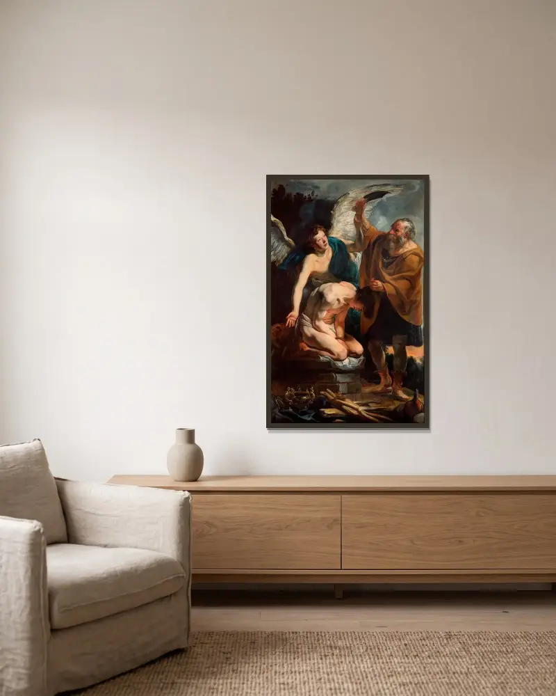 Die Opferung Isaaks von Jacob Jordaens gerahmt an einer Wand
