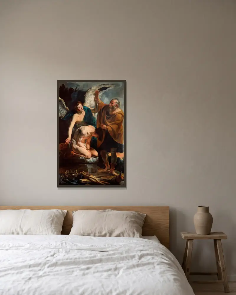 Die Opferung Isaaks von Jacob Jordaens gerahmt an einer Wand